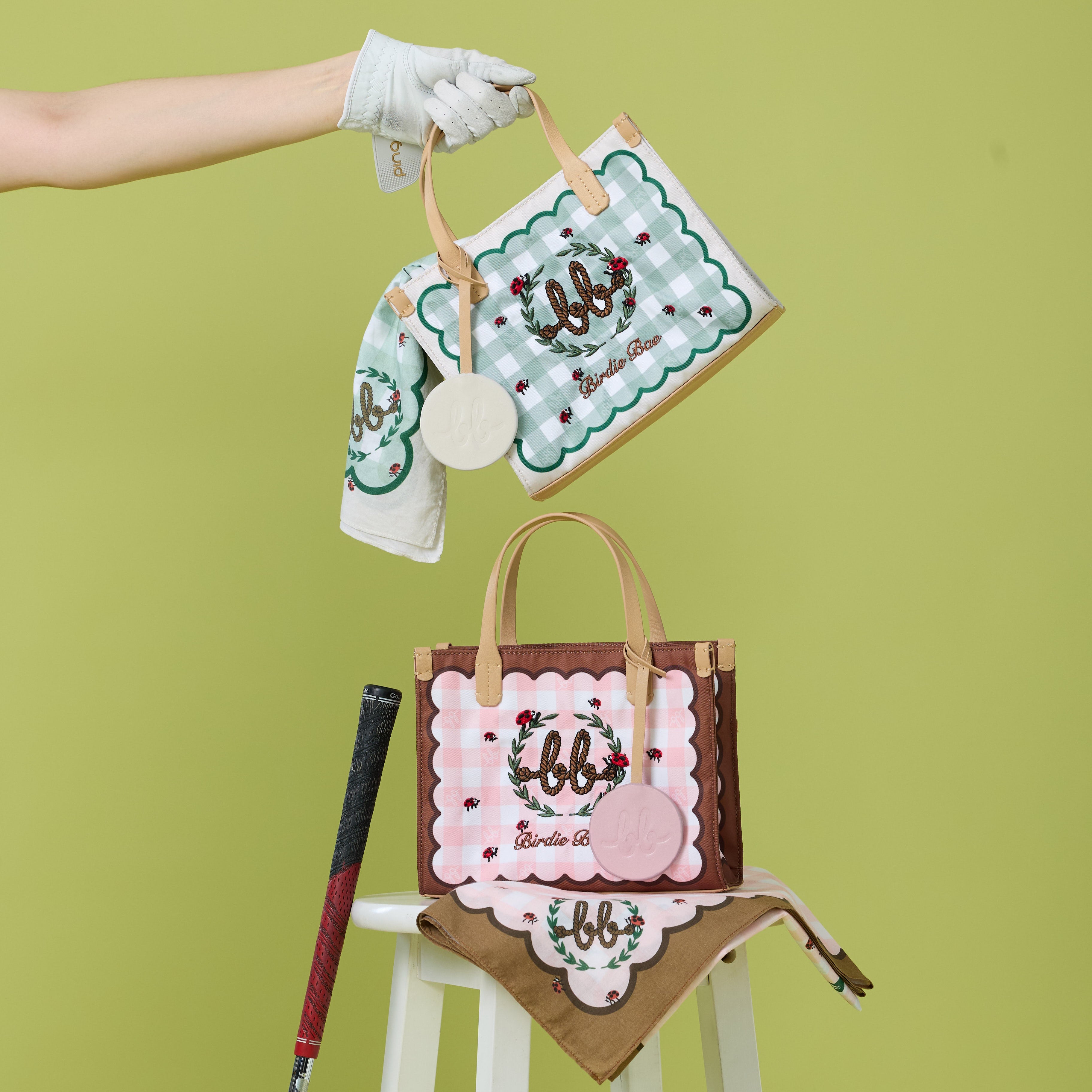 PICNIC Mini Nylon Tote with Mirror กระเป๋าถือมินิ ไนลอนพิมพ์ลาย หนังแท้ สี Grass Green