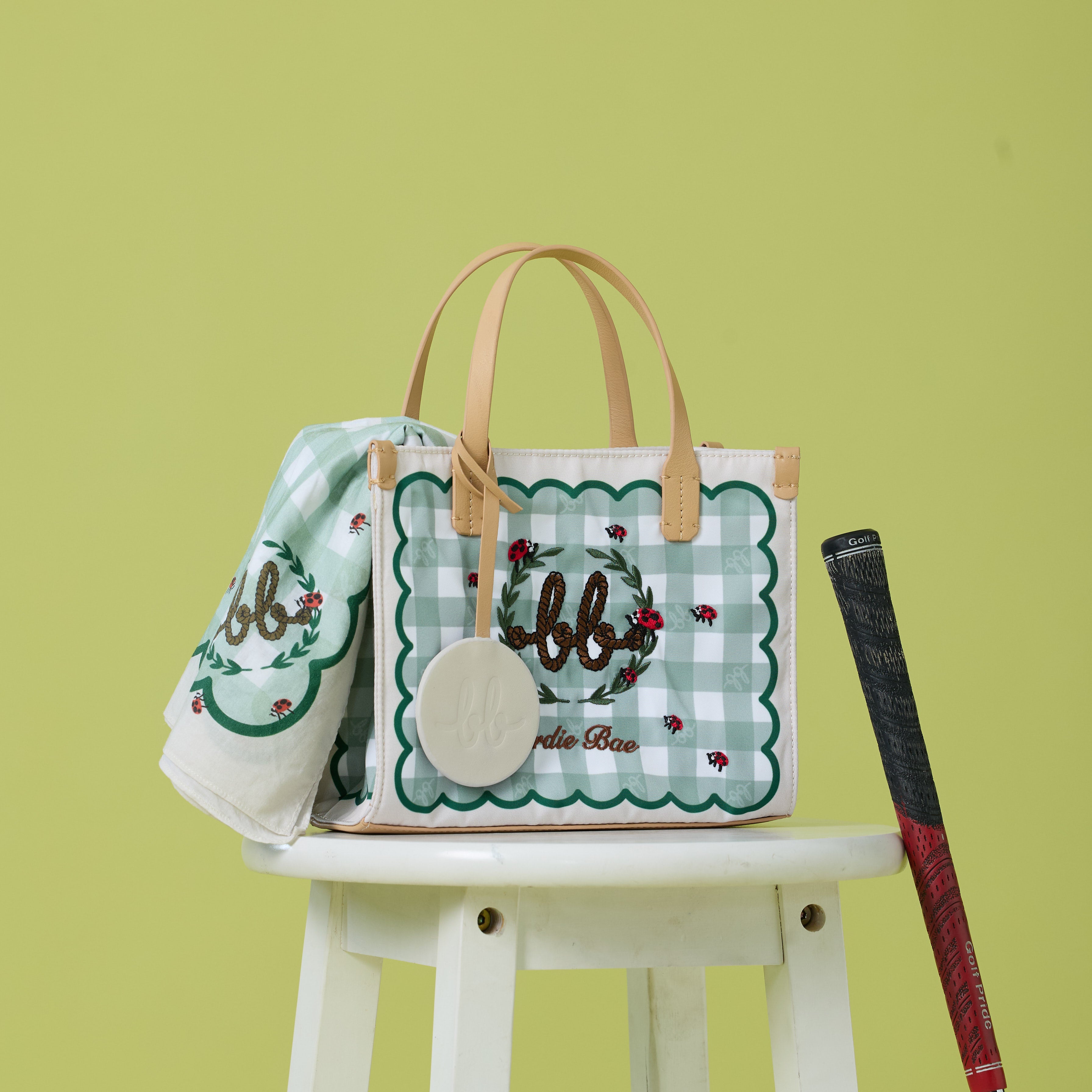 PICNIC Mini Nylon Tote with Mirror กระเป๋าถือมินิ ไนลอนพิมพ์ลาย หนังแท้ สี Grass Green