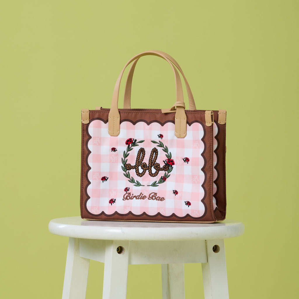 PICNIC Mini Nylon Tote with Mirror กระเป๋าถือมินิ ไนลอนพิมพ์ลาย หนังแท้ สี Peachy Pink