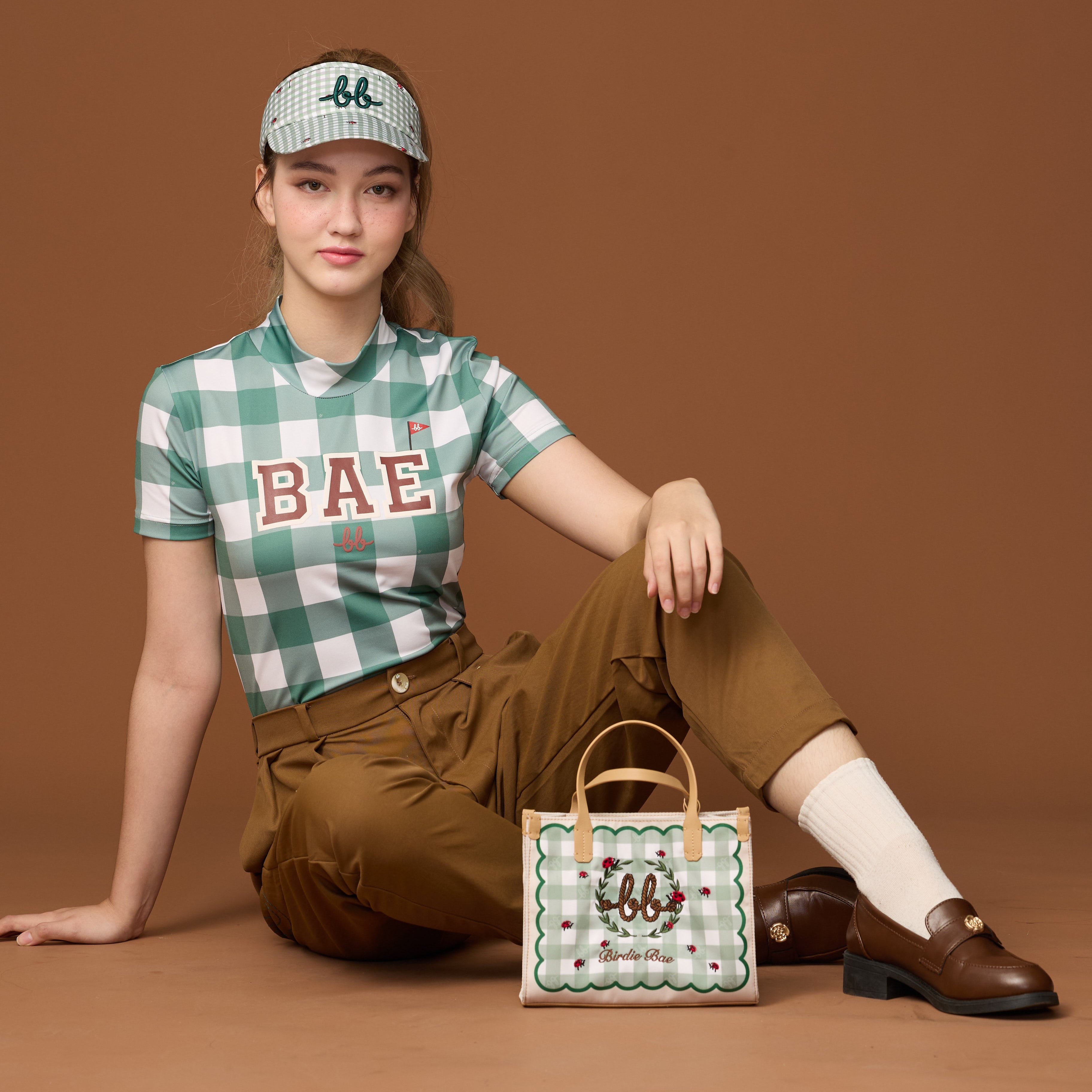 PICNIC Mini Nylon Tote with Mirror กระเป๋าถือมินิ ไนลอนพิมพ์ลาย หนังแท้ สี Grass Green