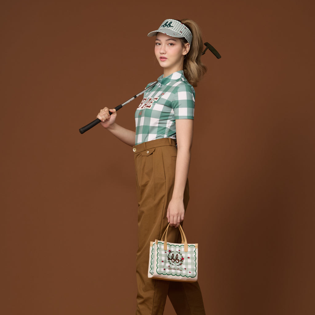 PICNIC Mini Nylon Tote with Mirror กระเป๋าถือมินิ ไนลอนพิมพ์ลาย หนังแท้ สี Grass Green