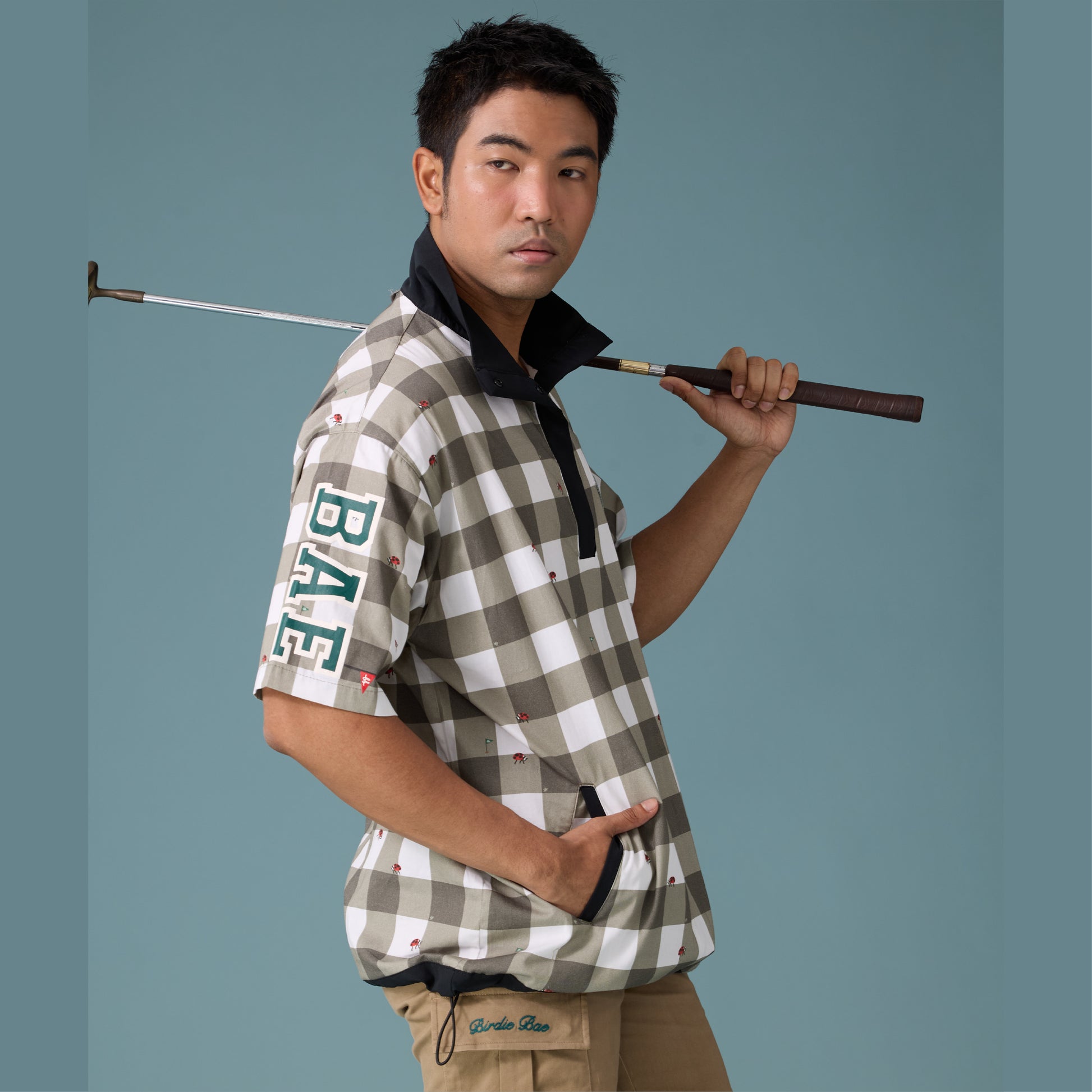 Men Pullover Polo Shirt - Black Gingham
