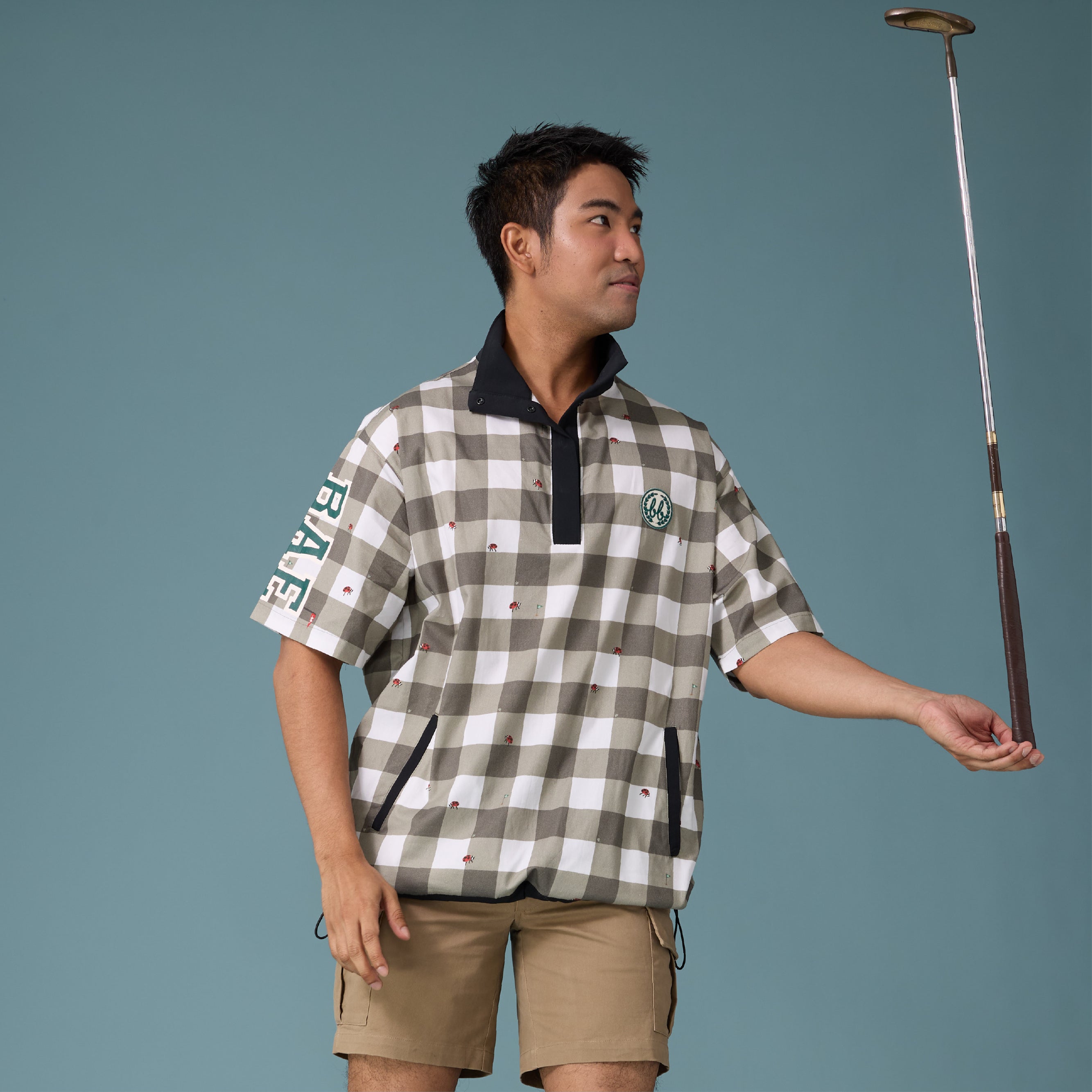 Men Pullover Polo Shirt - Black Gingham