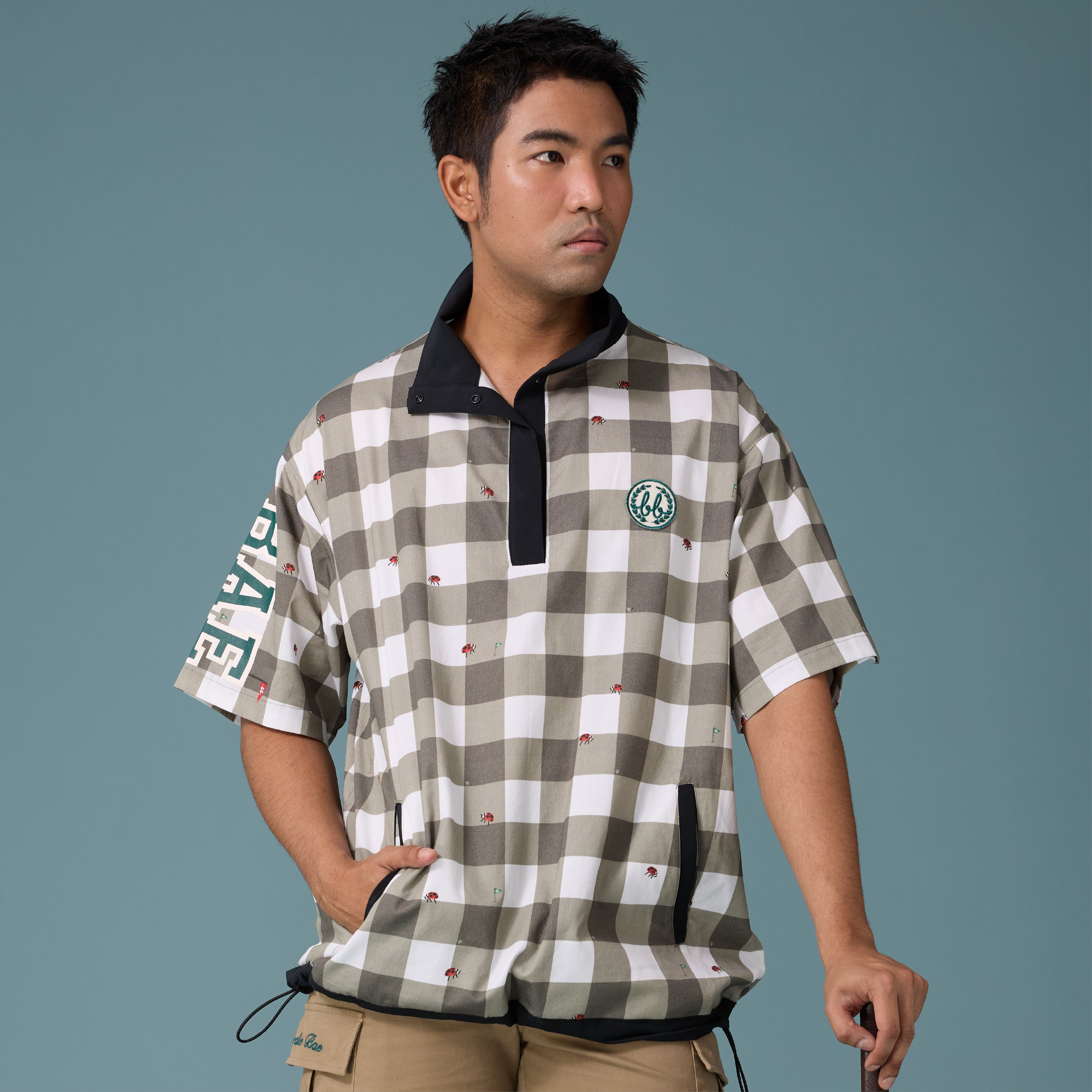 Men Pullover Polo Shirt - Black Gingham