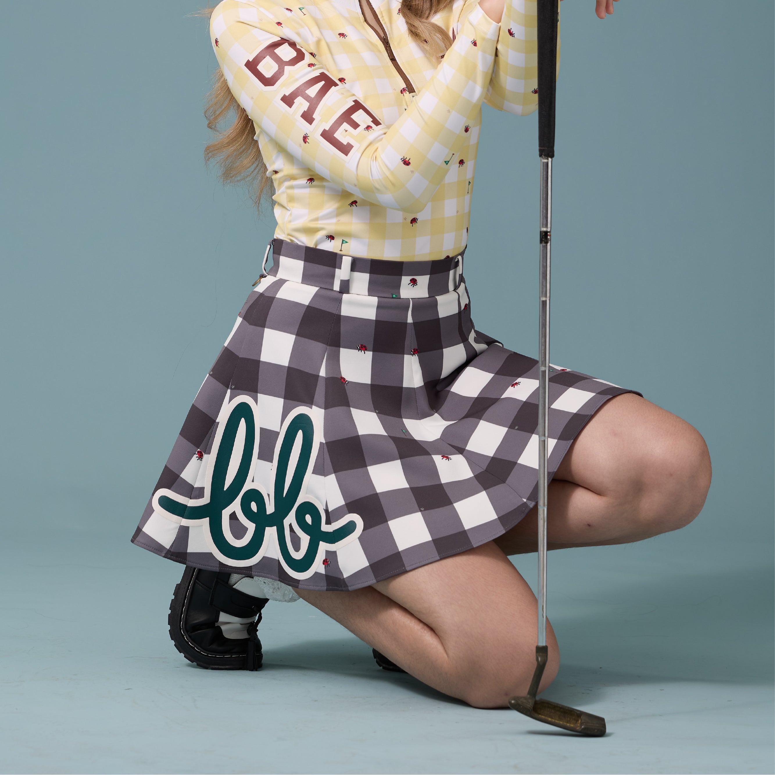 Women High Waist Flare Mini Skirt - Black Gingham