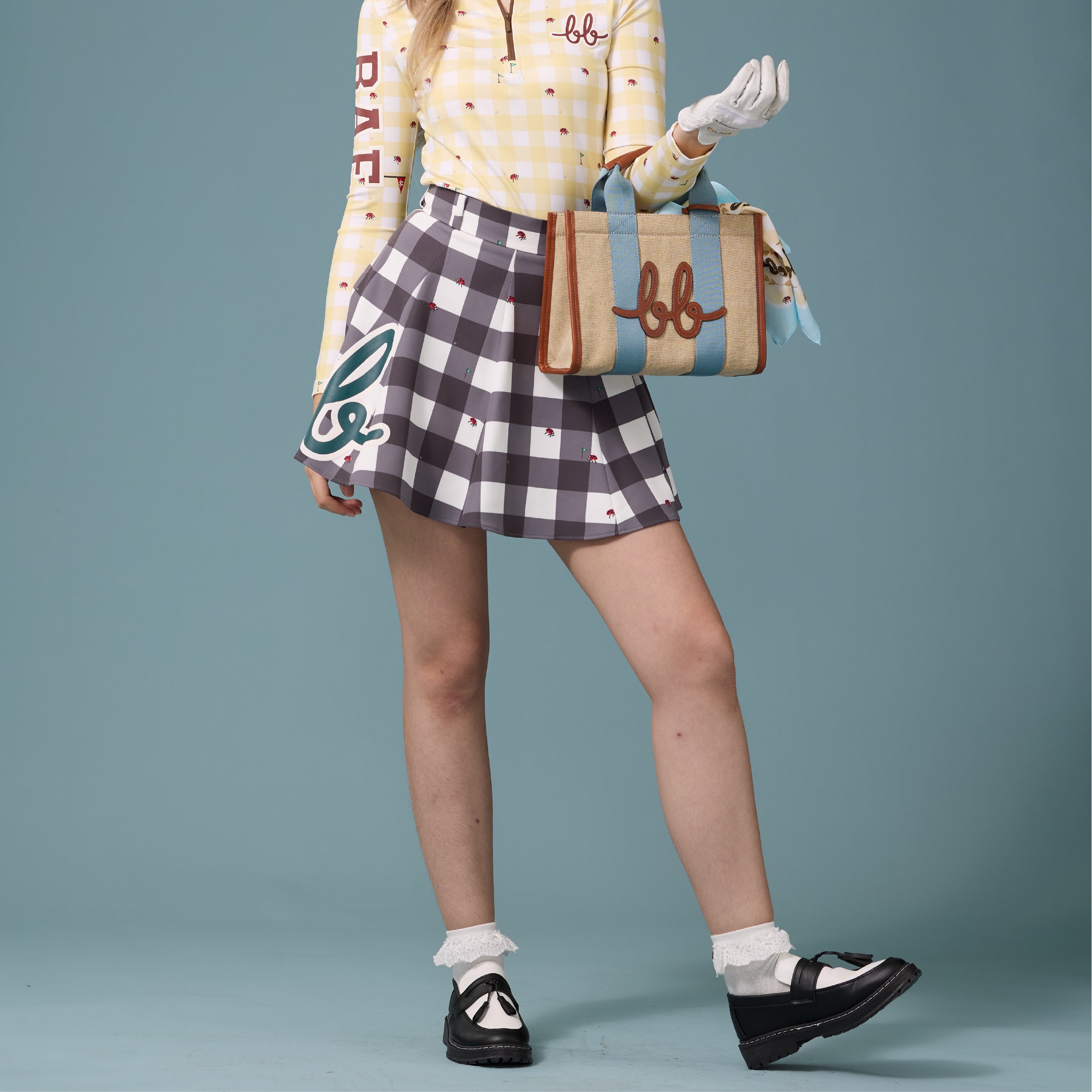 Women High Waist Flare Mini Skirt - Black Gingham